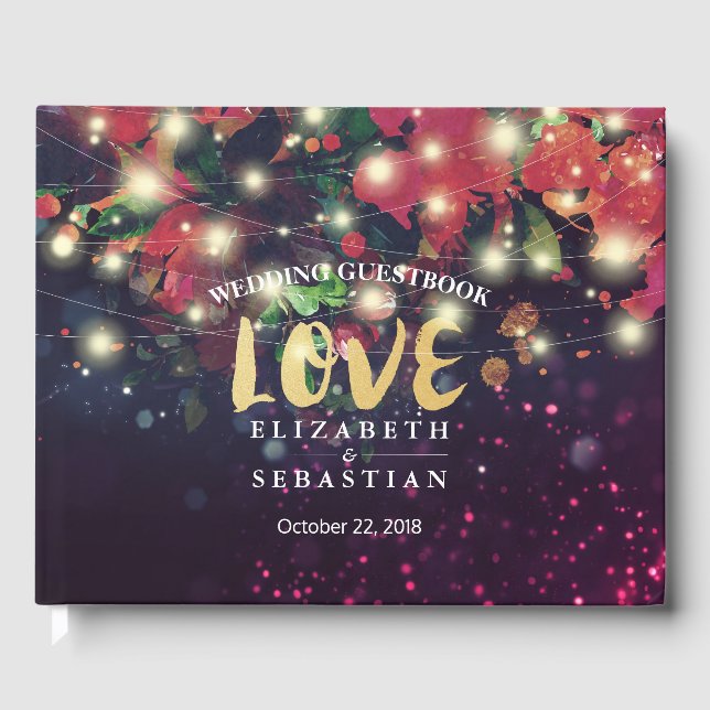 Wedding Guestbook Burgundy Red Floral String Light Gästebuch (Vorderseite)