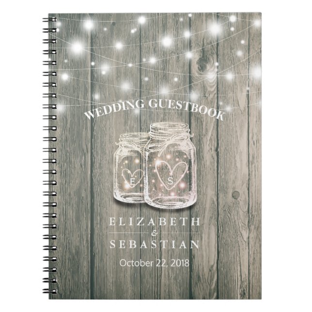 Wedding Guestbook Wood Chic Mason Jar String Light Notizblock (Vorderseite)