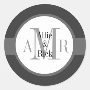 Wedding Holzkohlen-Grau-graue Monogramm-Namen Runder Aufkleber