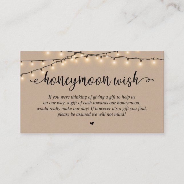 Wedding Honeymoon Fund Wish, Rustic String Lights Begleitkarte (Vorderseite)
