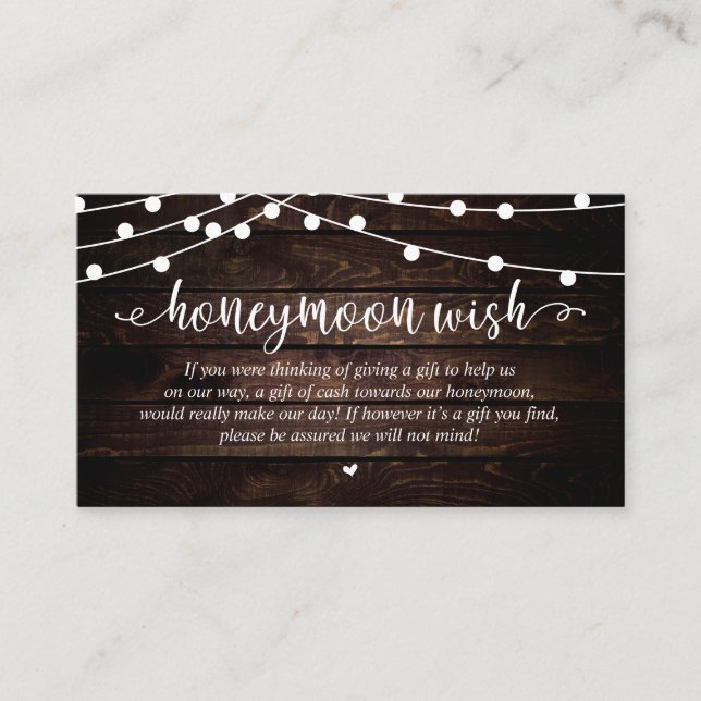 Wedding Honeymoon Fund Wish, Rustic String Lights Begleitkarte (Vorderseite)