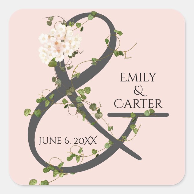 Wedding Hydrangea und Ivy Ampersand Quadratischer Aufkleber (Vorderseite)