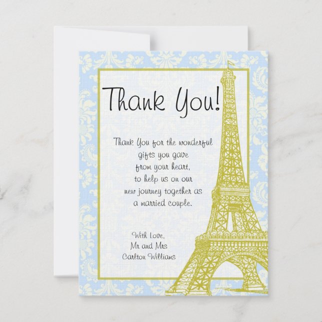 Wedding in der Paris-Blau-Damast-Ebene danken Dankeskarte (Vorderseite)