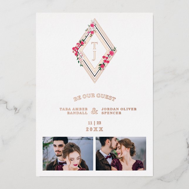 Wedding Initials 2 Photos Diamond Rose Gold Floral Folieneinladung (Vorderseite)