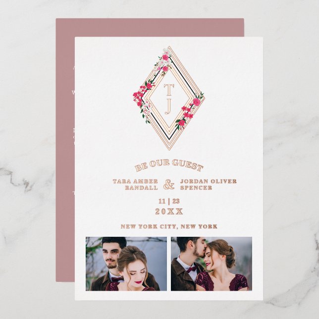 Wedding Initials 2 Photos Real Rose Gold Effect  Folieneinladung (Vorderseite/Rückseite)