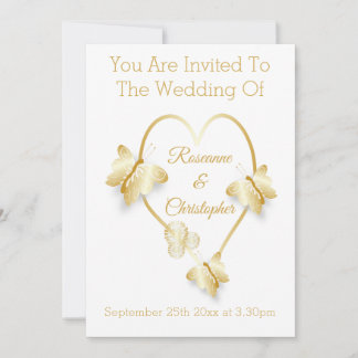 Wedding Invitation Gold Coloured Heart Butterfly Einladung