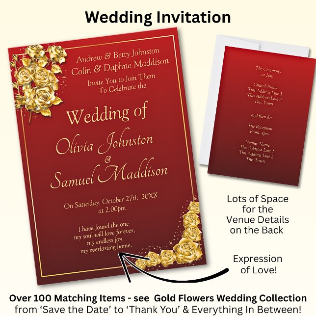 Wedding Invitation Gold Rose Flowers Maroon Red  Einladung (Von Creator hochgeladen)