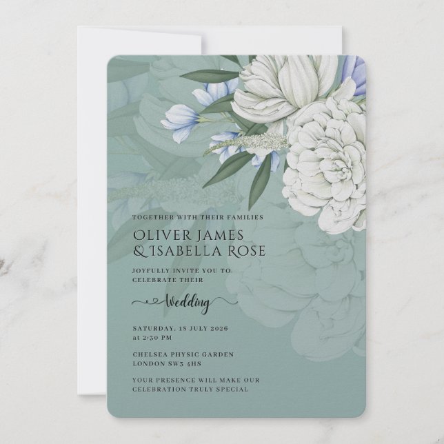 Wedding Invitation | Sage Green & White Peonies (Devant)
