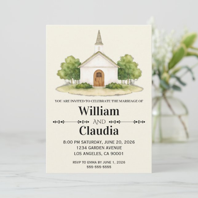 Wedding Invitation with Watercolor Venue Painting Einladung (Stehend Vorderseite)
