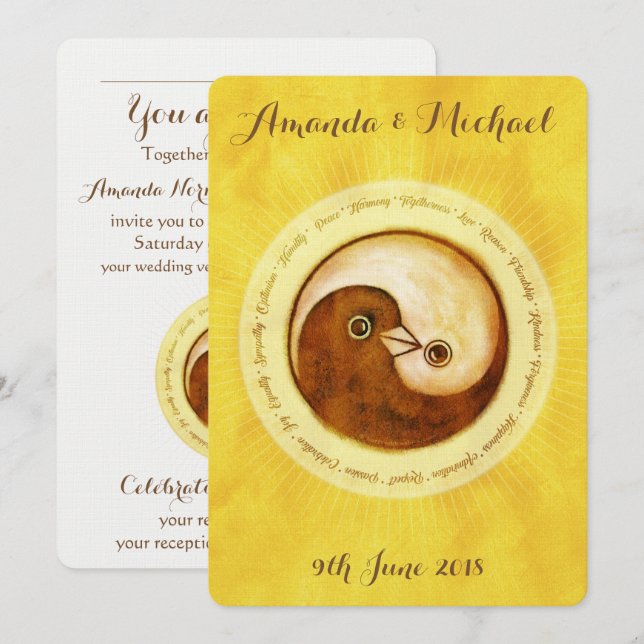 WEDDING INVITE goldene Harmonie YinYang Tauben Einladung (Vorne/Hinten)