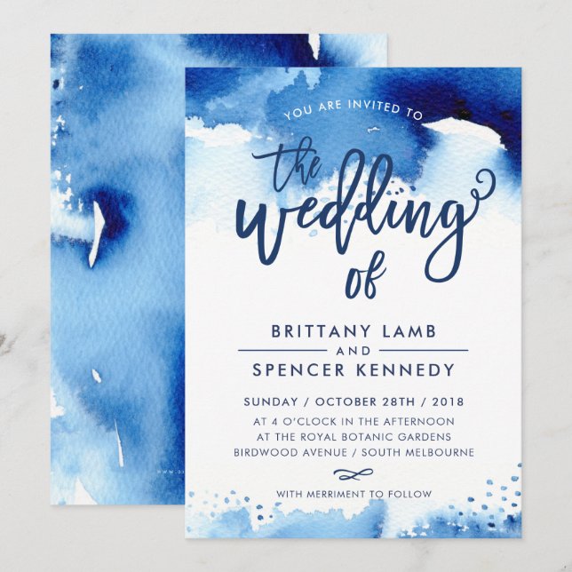 WEDDING INVITE moderne stilvolle marineblaue Aquar Einladung (Vorne/Hinten)