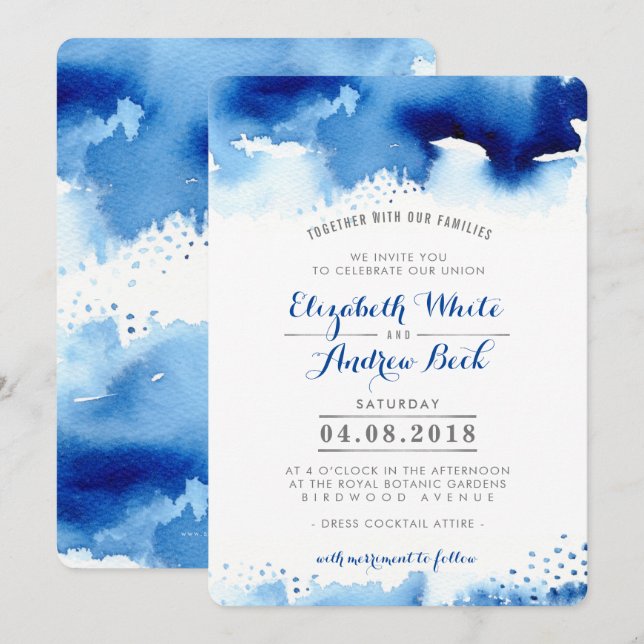 WEDDING INVITE stilvoll chic Aquarell dunkelblau Einladung (Vorne/Hinten)
