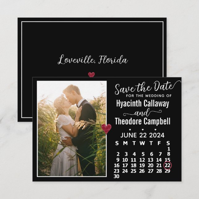 Wedding Juni 2024 Kalender Custom Foto Black Save The Date (Vorne/Hinten)