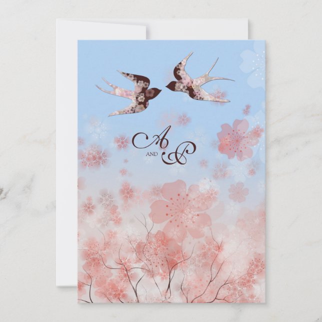 Wedding Kirschblüten-und -Liebe-Schwalben Einladung (Vorderseite)
