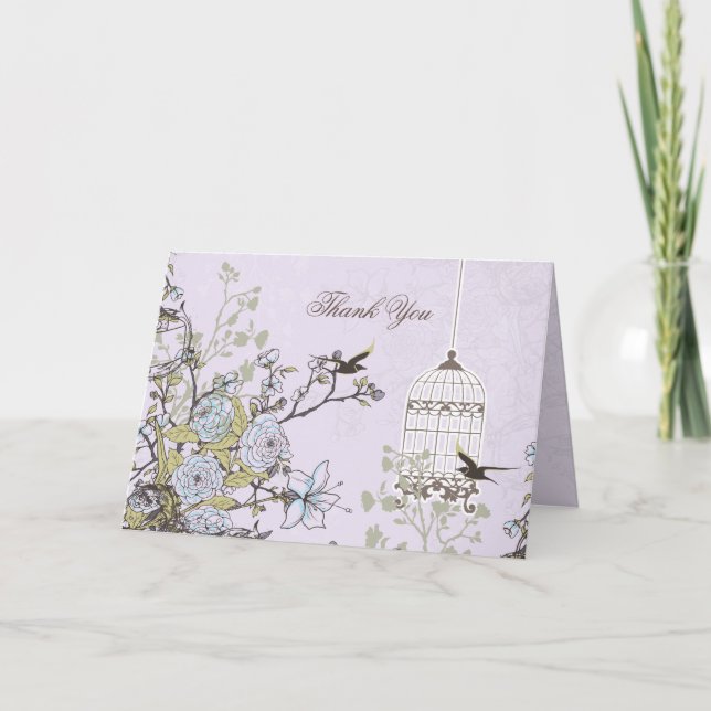 Wedding Lavendel lila Vintage Birdcagevögel Dankeskarte (Vorderseite)