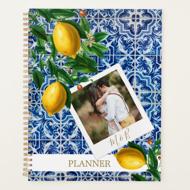 Wedding Lemons Foto Blue White Tiles Elegant Planer (Vorderseite)