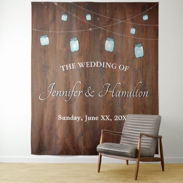 Wedding Mason Jar Lights Barn Wood Hintergrund Wandteppich (Beispiel)