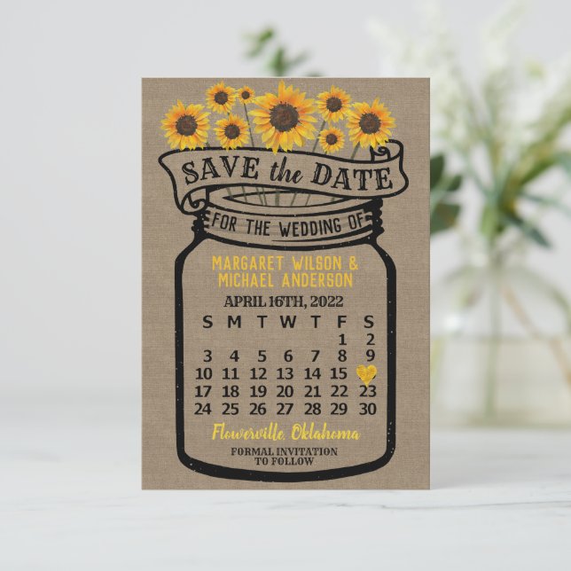 Wedding Mason Jar Sonnenblumen April 2022 Kalender Save The Date (Stehend Vorderseite)