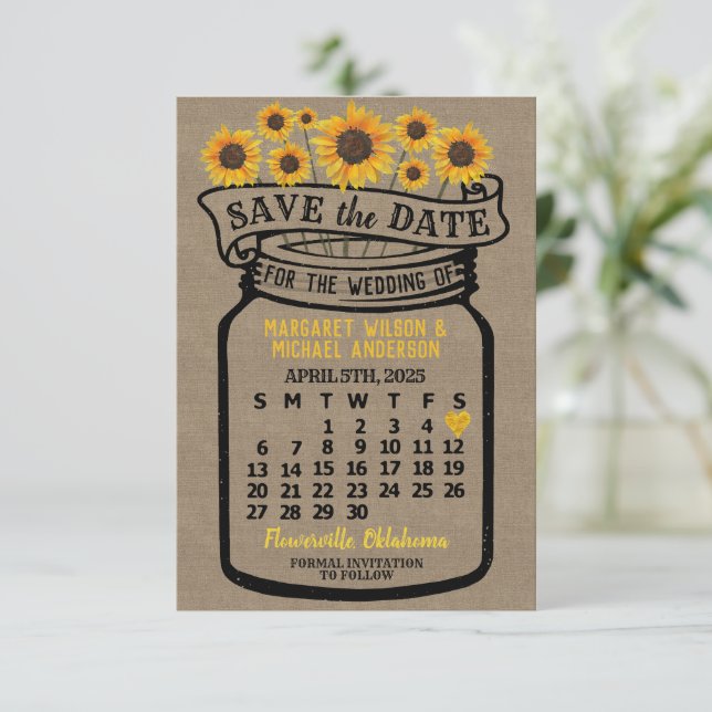 Wedding Mason Jar Sonnenblumen April 2025 Kalender Save The Date (Stehend Vorderseite)