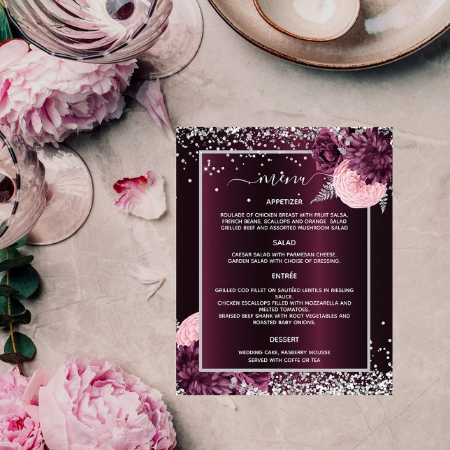 Wedding Menu burgundy silberne Blume (Von Creator hochgeladen)