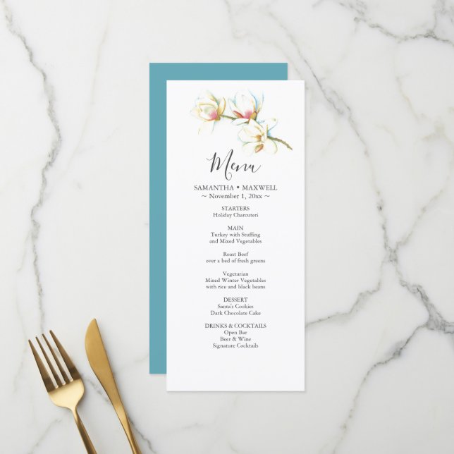 Wedding Menu Cards Watercolor White Flowers Menükarte (Vorderseite/Rückseite Beispiel)