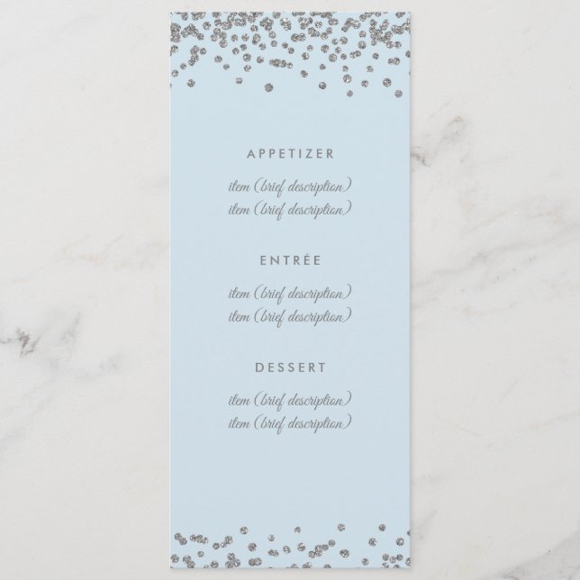 Wedding Menu Silver Faux Glitter Confetti Ice Blue Menükarte (Vorderseite)