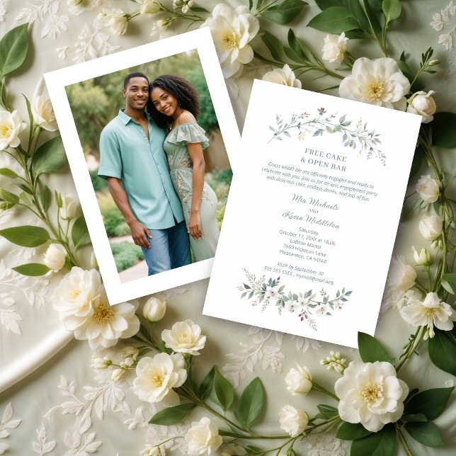 Wedding Minimalist Green Flowers & Branches Photo Einladung (Wedding Minimalist Green Shades Flowers & Branches Photo Engagement Party Invitations Cards.)