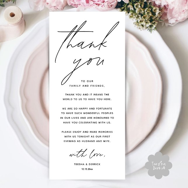Wedding Minimalist Wedding Dinner Thank You Card Programm (Wedding Minimalist Wedding Dinner Brunch Lunch Reception Thank You Card in Black and white)
