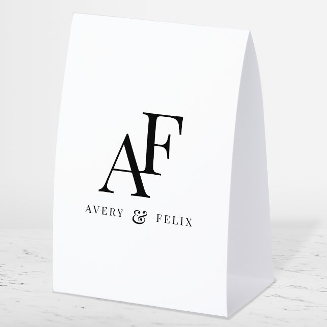 Wedding Monogram Black and White Elegant Simple Tischaufsteller (Elegant black & white editable paper table tent monogram wedding sign.)