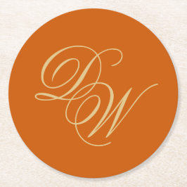 Wedding Monogram Burnt Orange 2 Initialskript Runder Pappuntersetzer