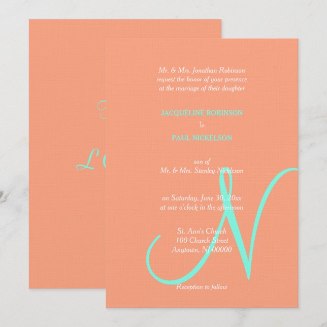 Wedding Monogram Cantaloupe Blue Einladung (Vorne/Hinten)