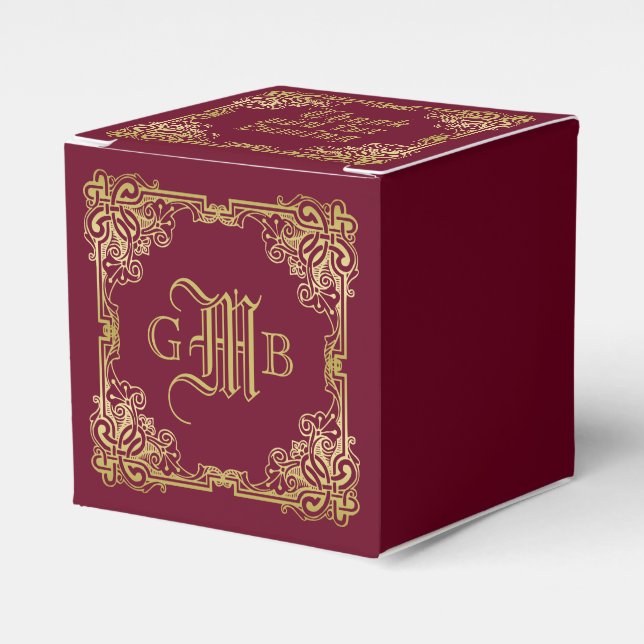 Wedding Monogram Classic Gold Frame Burgundy Geschenkschachtel (Vorderseite)
