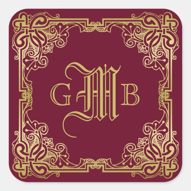 Wedding Monogram Classic Gold Frame Burgundy Quadratischer Aufkleber (Vorderseite)