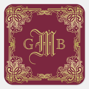 Wedding Monogram Classic Gold Frame Burgundy Quadratischer Aufkleber