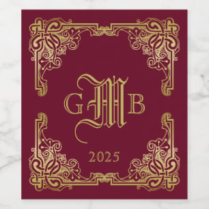 Wedding Monogram Classic Gold Frame Burgundy Weinetikett