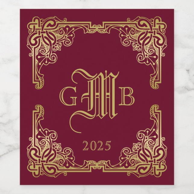 Wedding Monogram Classic Gold Frame Burgundy Weinetikett (Einzelnes Label)
