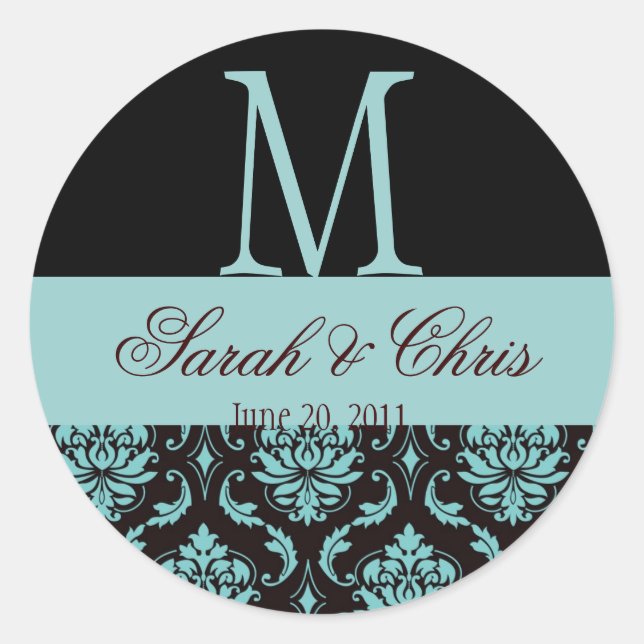 Wedding Monogram Damask Blue Black Siegel Runder Aufkleber (Vorderseite)