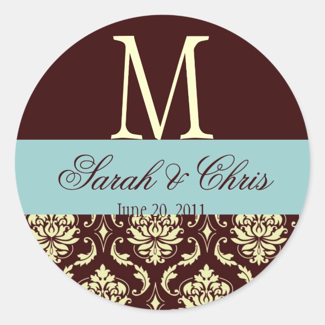 Wedding Monogram Damask Brown Blue Ivory Siegel Runder Aufkleber (Vorderseite)