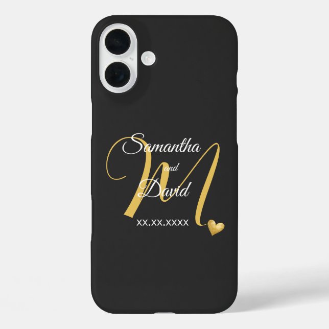 Wedding Monogram Design with Names and Date iPhone 16 Plus Hülle (Rückseite)