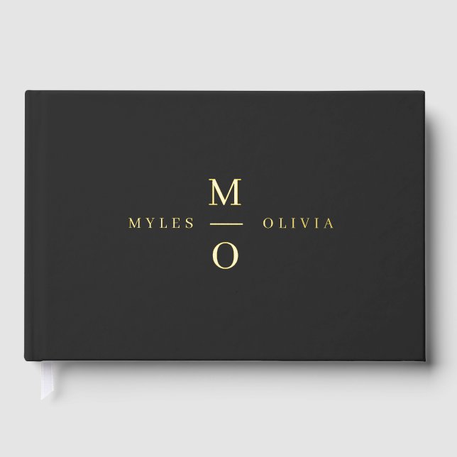 Wedding Monogram Elegant Stilvolles Schwarz und Go Gästebuch (Vorderseite)
