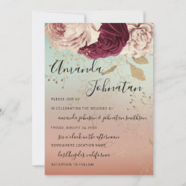 Wedding Monogram Florals BurgundyMarsala Rose Aqua Einladung