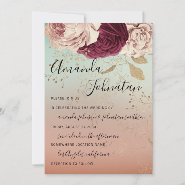 Wedding Monogram Florals BurgundyMarsala Rose Aqua Einladung (Vorderseite)