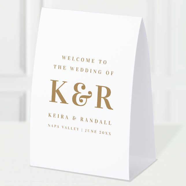 Wedding Monogram Gold and White Welcome Tischaufsteller (Elegant gold & white editable paper table tent Wedding welcome sign.)
