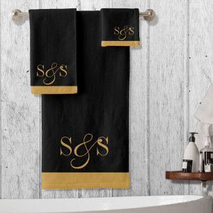 Wedding Monogram Gold Initials Serif Script Black Badhandtuch Set