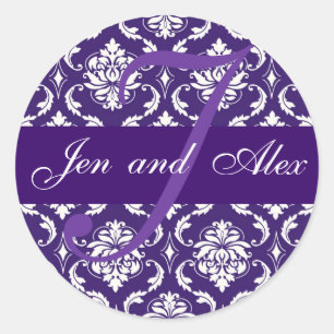 Wedding Monogram J Lila Damask Favor Sticker