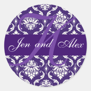 Wedding Monogram K Lila Damask Gefälligkeitsaufkle Runder Aufkleber