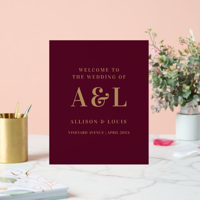 Wedding Monogram Minimalistisch Burgundy Gold Acrylschild (Hochzeit)