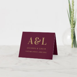 Wedding Monogram Minimalistisch Burgundy Gold Dankeskarte