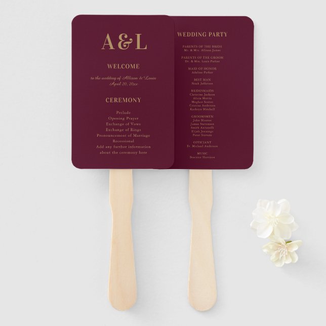 Wedding Monogram Minimalistisch Burgundy Gold Fächer (Vorne und Hinten)