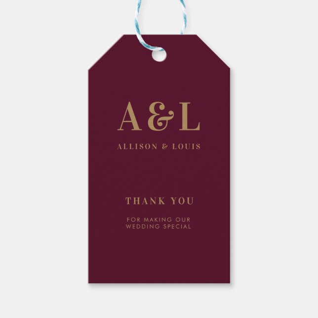 Wedding Monogram Minimalistisch Burgundy Gold Geschenkanhänger (Vorderseite)